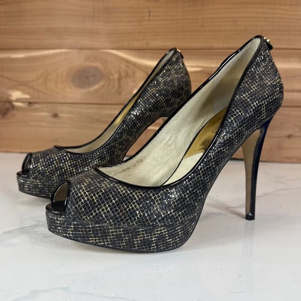 Michael Kors Black Gold Snakeskin Peep Toe Platform Heels Stiletto Womens 8